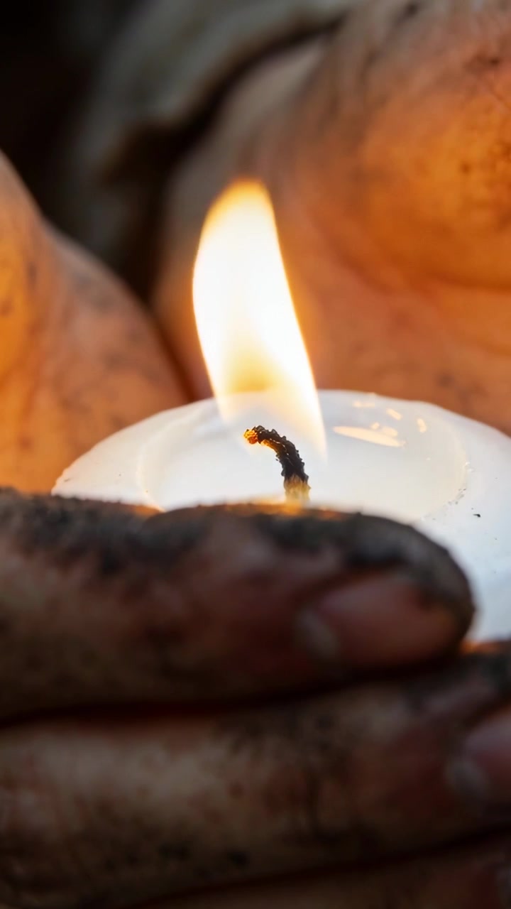 Vertical video: Feeling flame flicker, cupping soiled hands shielding white tealight in dim room