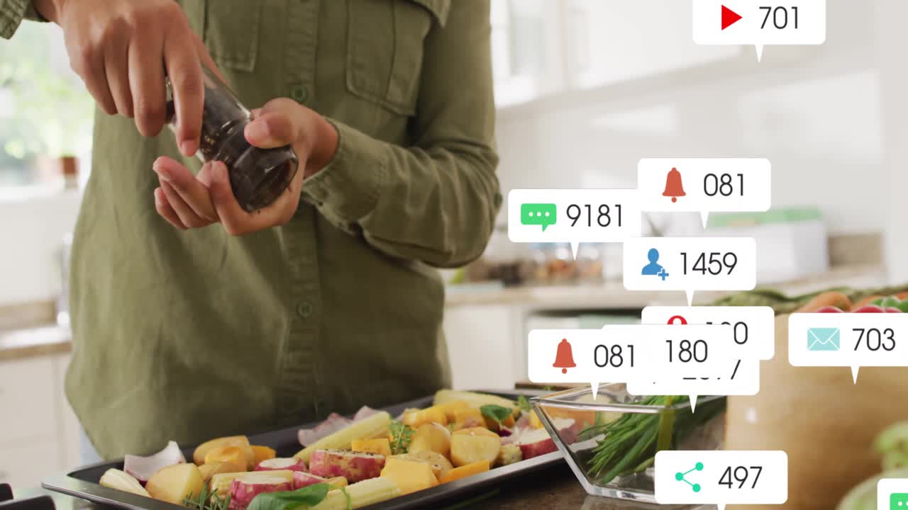 Home cook woman tapping smartphone at kitchen counter, showcasing marketing metrics icons