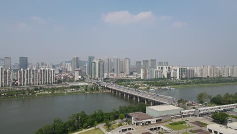 aerial shot over nodeul island in the yongsan district of seoul, south korea