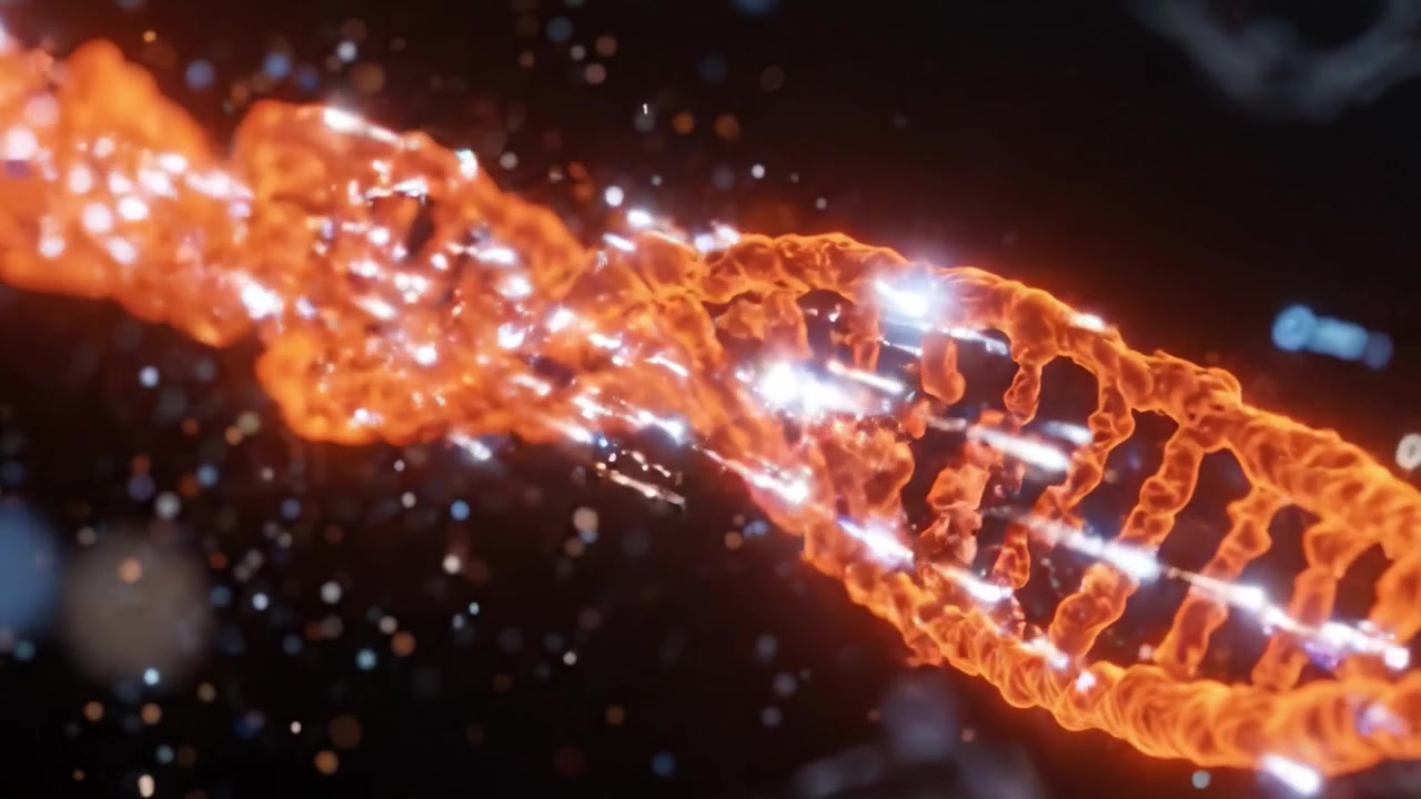 Uma Visualização Deslumbrante de uma Hélice de DNA, Capturando as Complexidades e a Beleza das Estruturas Moleculares em uma Exibição Colorida de Laranja e Luz