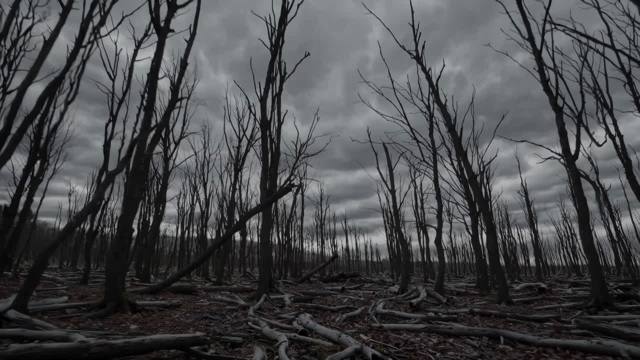 Cena sinistra de uma floresta com árvores nuas sob um céu nublado, capturada de um ângulo baixo