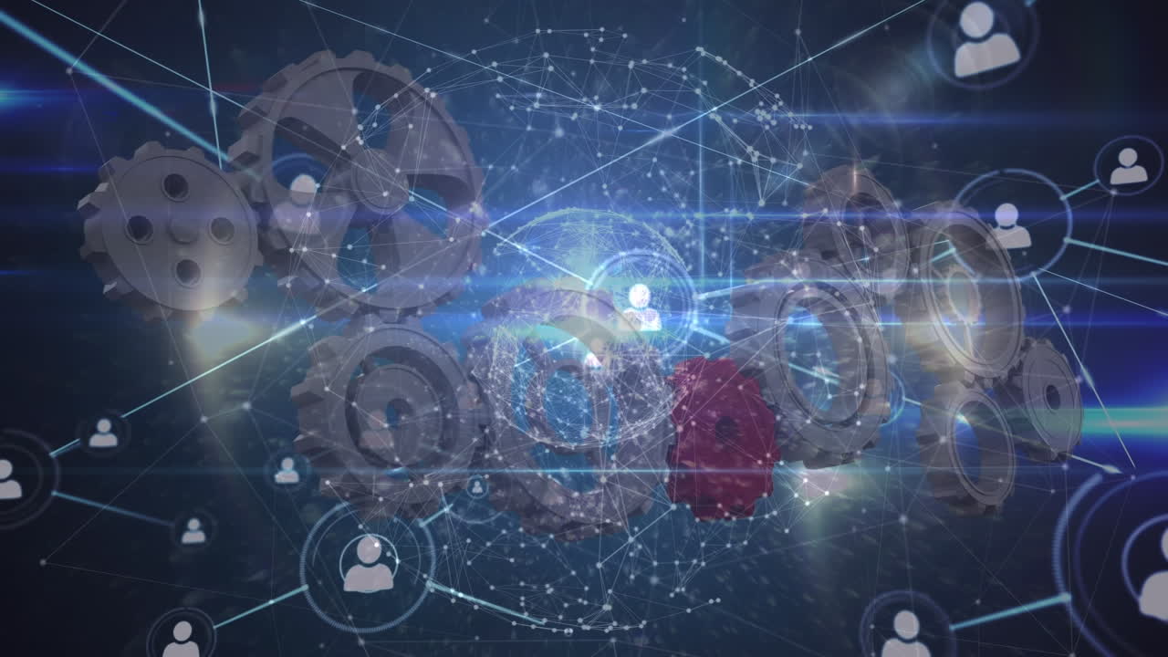 파란색 바탕에 아이콘과  ⁇ 으로 연결된 네트워크의 애니메이션