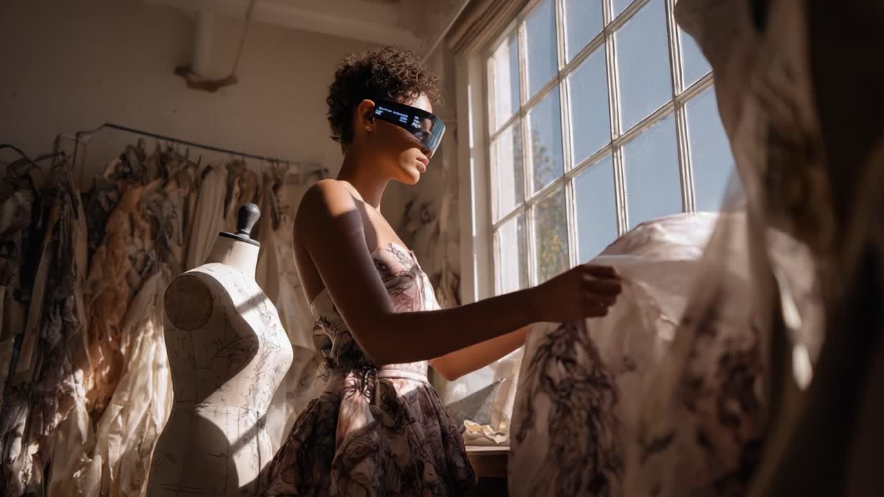 Una stilista impegnata strategicamente nel processo creativo, con indosso eleganti occhiali da sole e circondata da drappeggi di tessuti raffinati, illuminata dalla luce naturale che filtra attraverso le grandi finestre