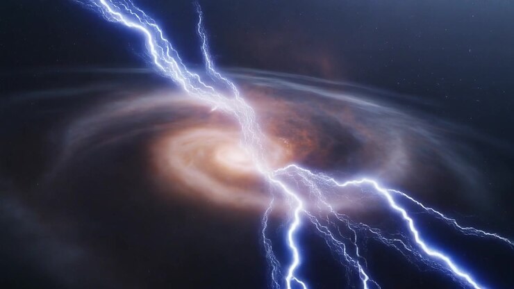 Galassia a spirale cosmica con scariche elettriche fulminee nello spazio profondo
