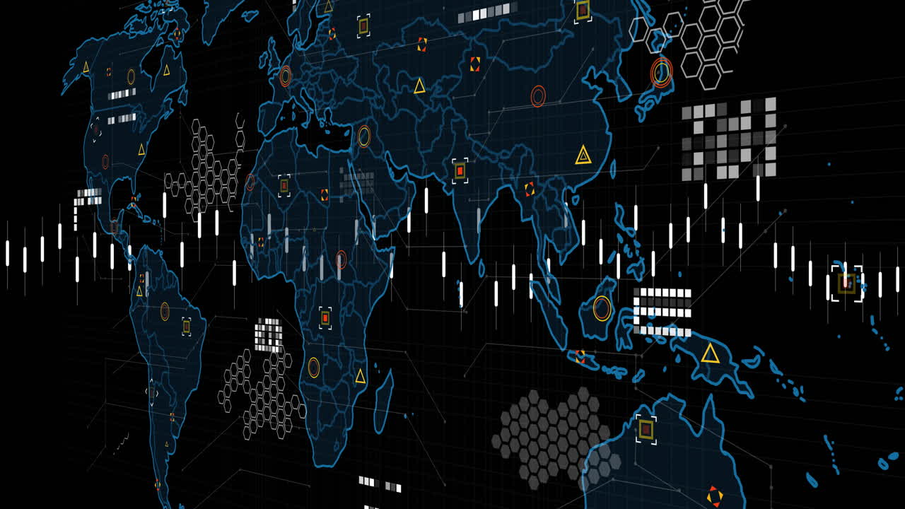 Visualizing neon-blue world map pulsing with white grid lines and data icons, in animated interface