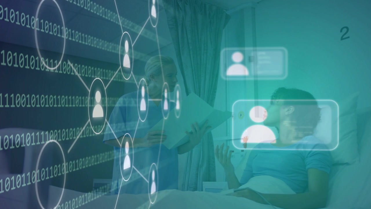 Doctor reading chart patient gesturing clinic consult binary sparking network linking patient cards