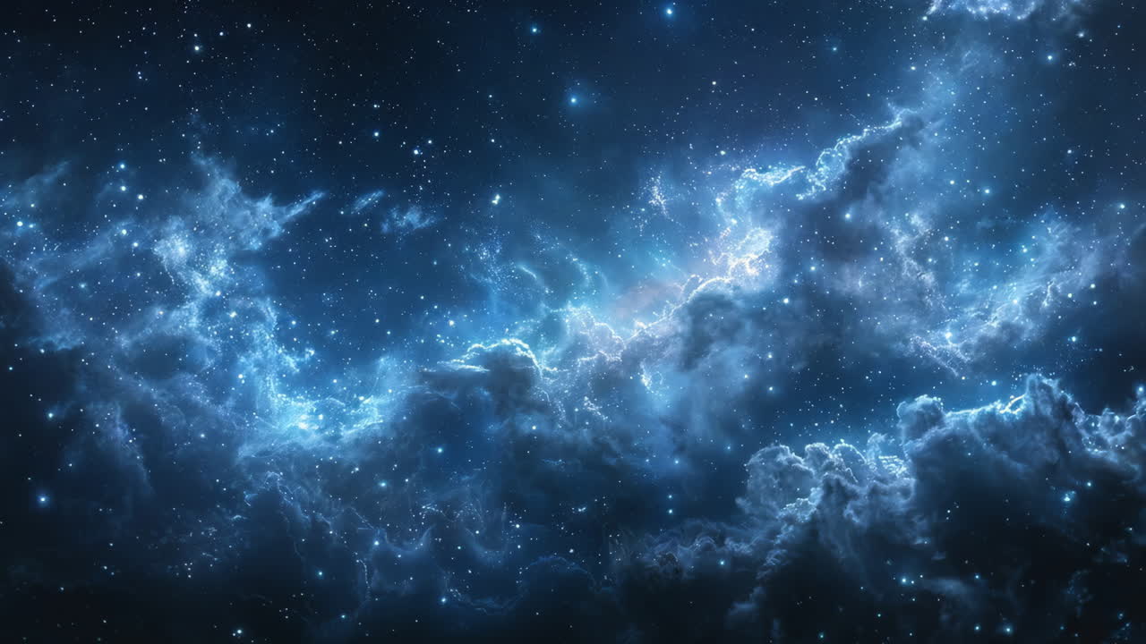 A dark blue sky with many stars and clouds. The sky is filled with stars and clouds, creating a sense of depth and vastness. The blue color of the sky gives a feeling of calmness and serenity