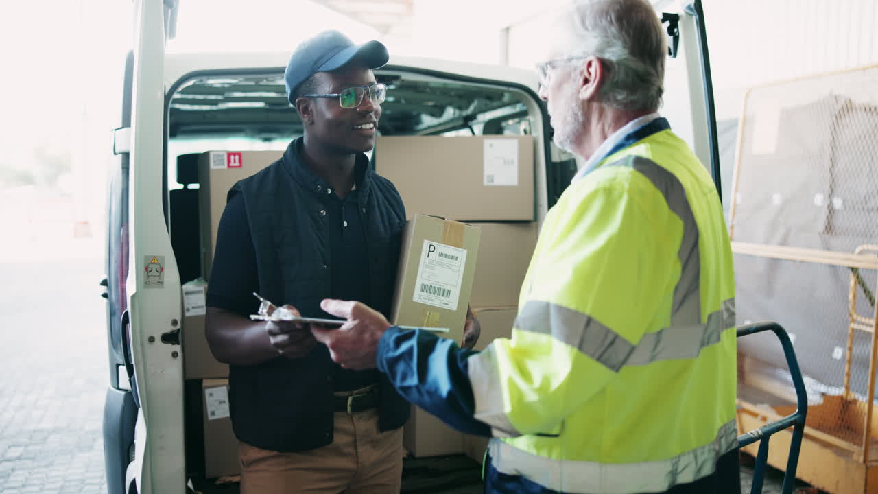 Delivery driver handing a package to a warehouse worker.