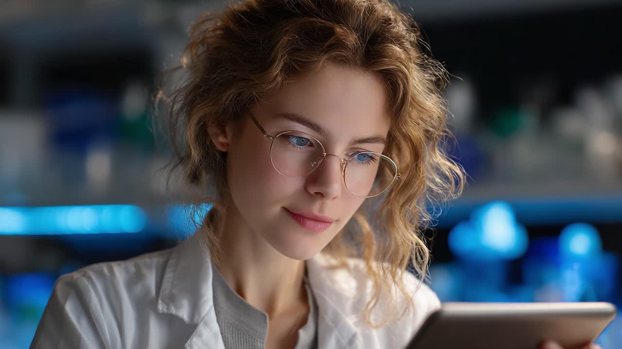 A focused scientist in a laboratory setting intently reviews data on a tablet, showcasing the importance of technology in modern science and research