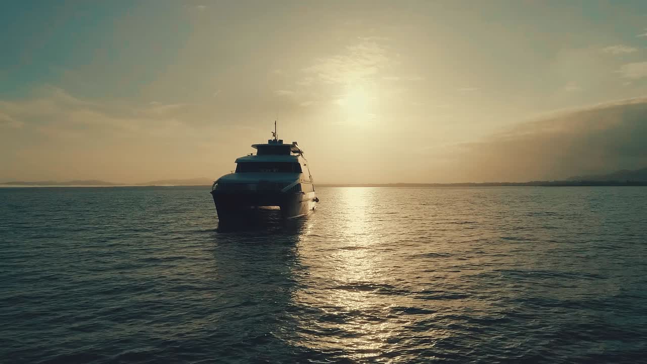 Imágenes de dron durante el amanecer desde un elegante barco cerca de la costa