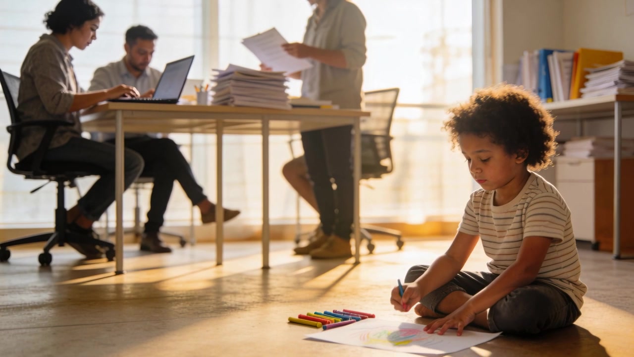 Drawing child in shirt picking marker in home office while parents working with laptop, copy space