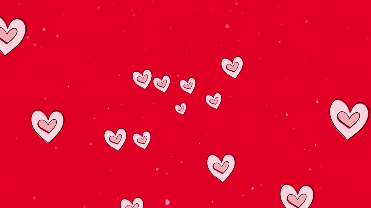 Animazione di icone di cuori rossi che fluttuano su sfondo rosso