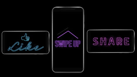 animation of words like swipe up and share flickering on screens of three smartphones