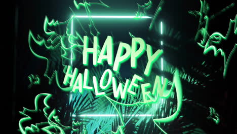 animation of happy halloween text over bats and leaves