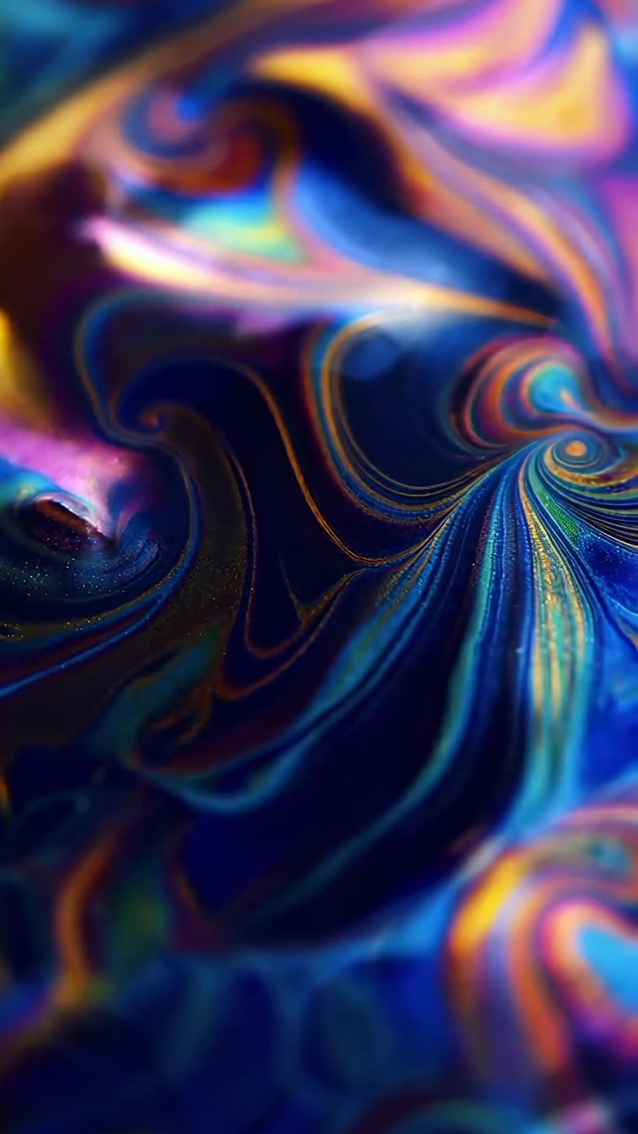 Vibrant abstract close-up with swirling colors, resembling a fluid art video effect