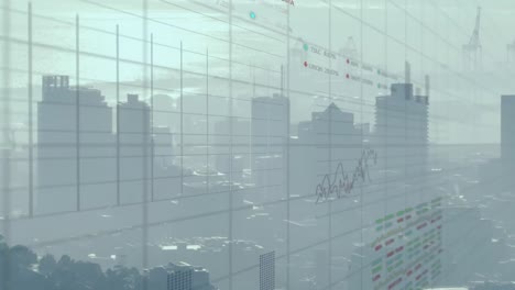 Animation-of-multiple-graphs-and-trading-boards-over-modern-cityscape-against-sky