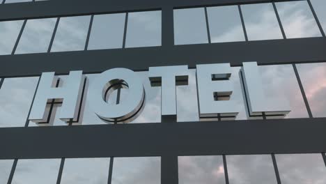 hotel sign on a modern glass skyscraper. travel and tourism concept