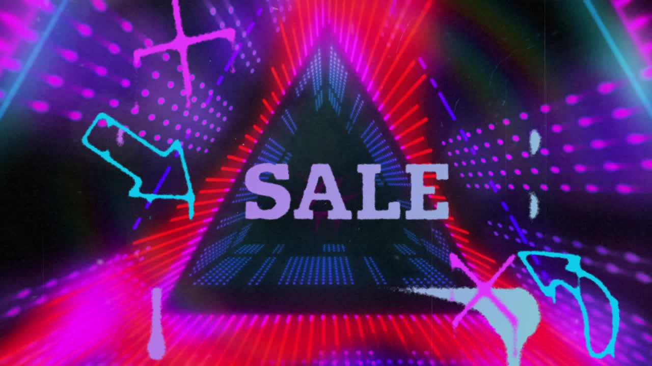 디지털 터널을 통해 판매 텍스트와 모양의 애니메이션