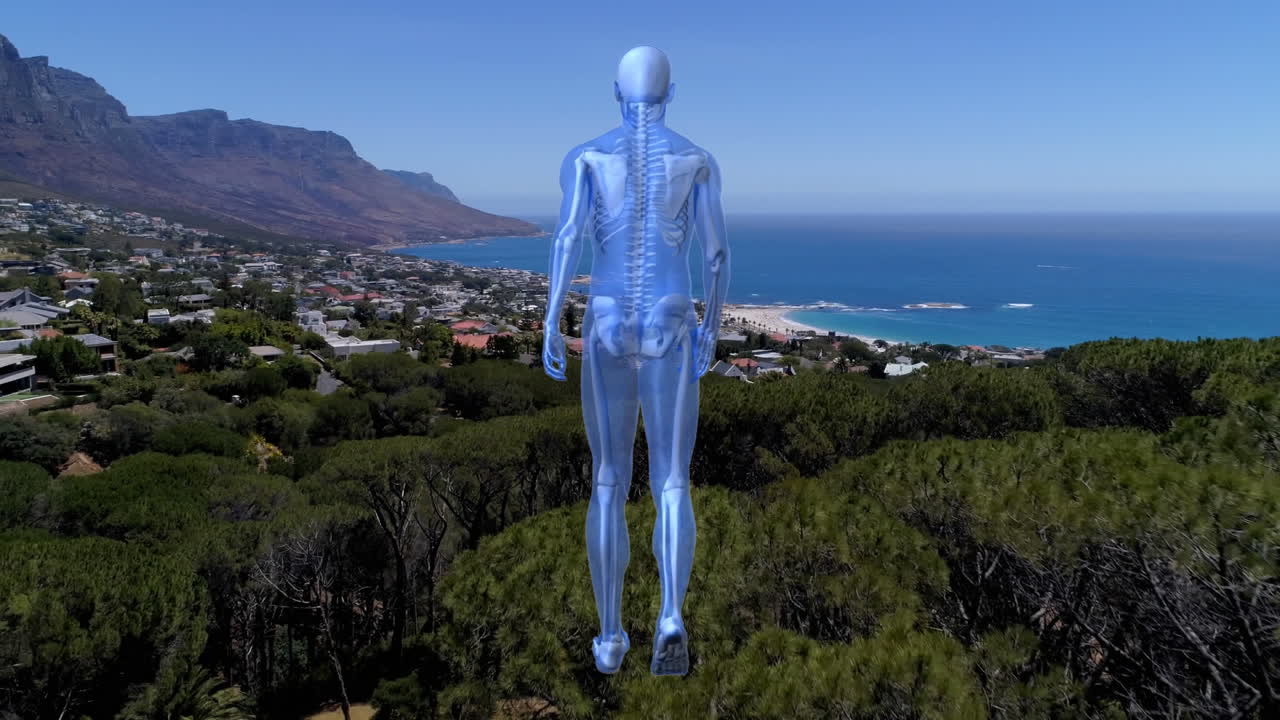 composición digital de un modelo humano caminando contra una vista aérea del paisaje urbano