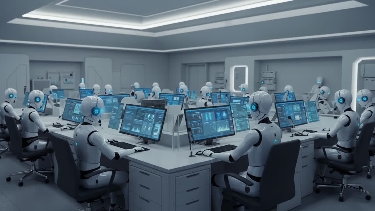 Automated Workforce: A Futuristic Control Room Filled with Robots Engaged in Data Analysis and Monitoring Tasks in a High-Tech Environment