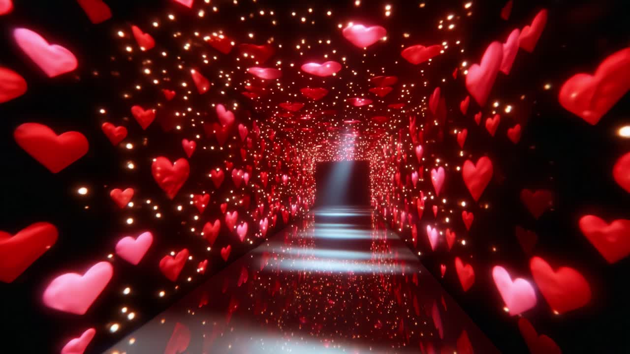 A Stunning, Enchanting Corridor of Love: This Mesmerizing Tunnel is Filled with Glowing Red Hearts and Shimmering Lights, Creating a Dreamlike Atmosphere Perfect for Romantic Moments and Celebrations