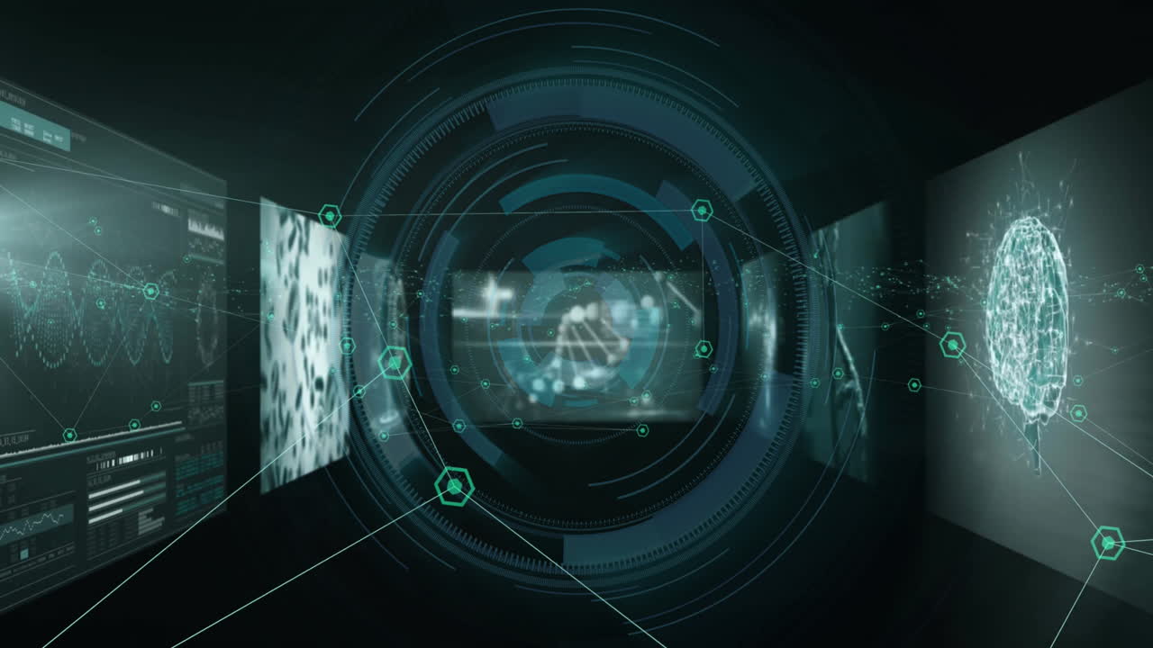 Animation of padlock and data processing over screens