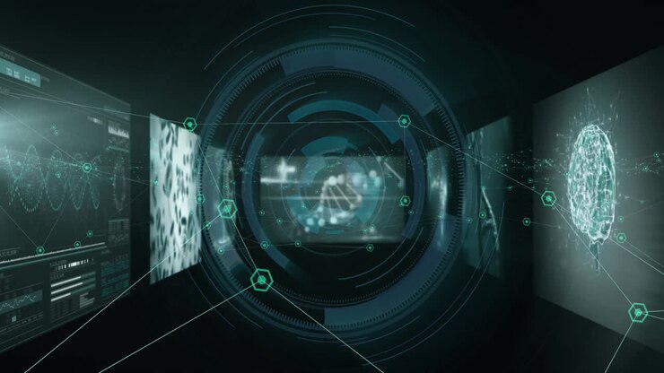 Animation of padlock and data processing over screens