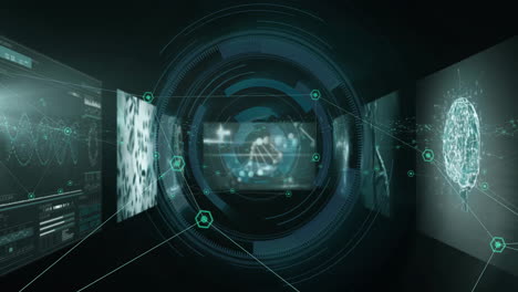 animation of padlock and data processing over screens