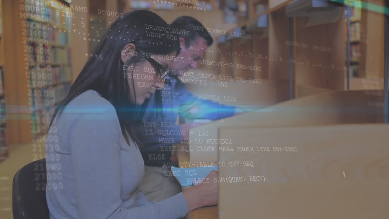 composición del globo digital sobre estudiantes masculinos y femeninos que usan portátiles en la biblioteca