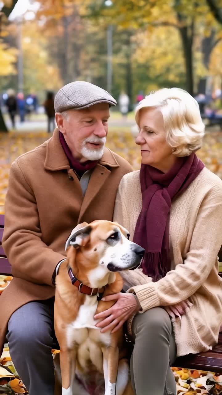 Older couple with their cute dog in the park in the wintertime.