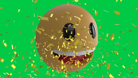 Animation-of-happy-emoji-icon-over-confetti-falling-on-green-background