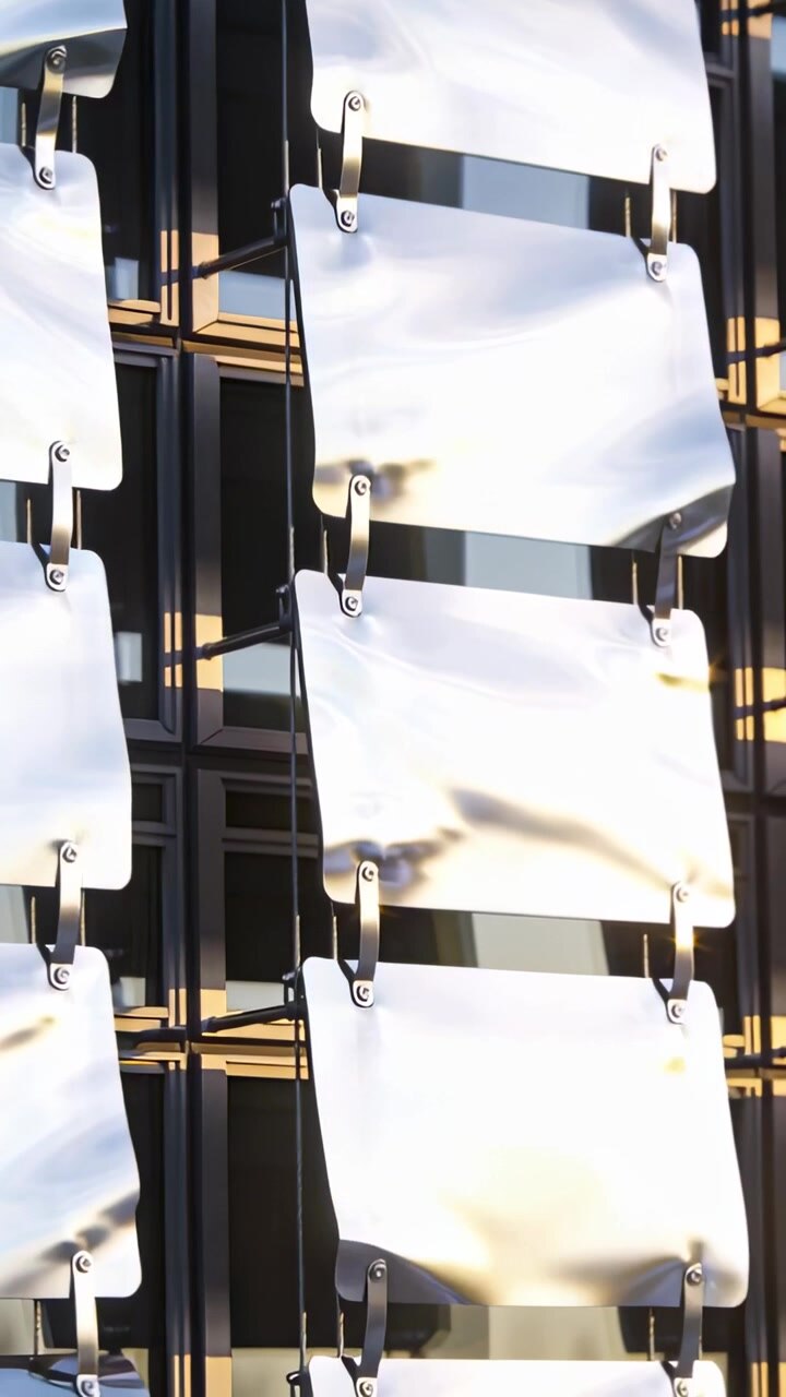 Video verticale: Pannelli metallici ondulati e clip che si flettono sulla facciata, luce solare e brezza che muovono i riflessi.