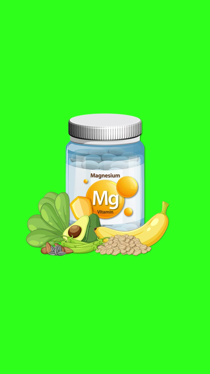 Bottiglia di integratore di magnesio con verdure, noci e frutta appare su uno sfondo vibrante di schermo verde