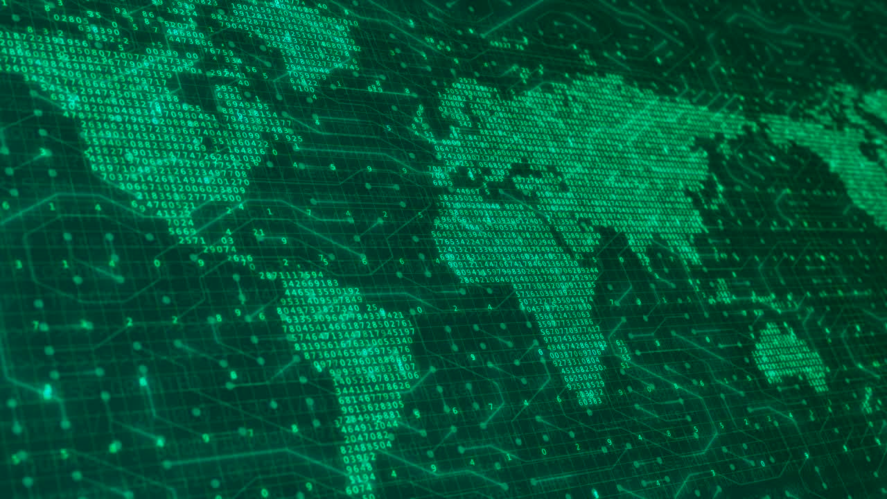 Looping Digital World Map of Binary Code and Numbers on Futuristic Global Network Background