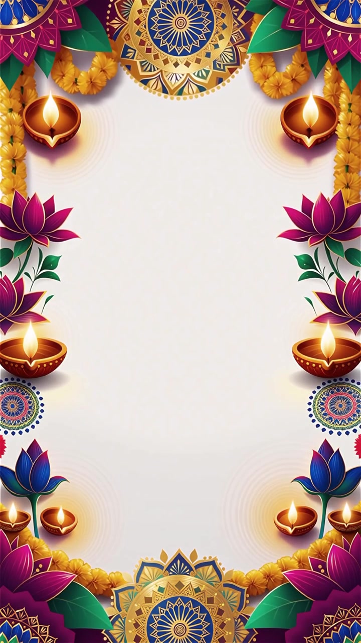 Sfondo Diwali con Diyas luminosi, Rangoli e fiori di loto
