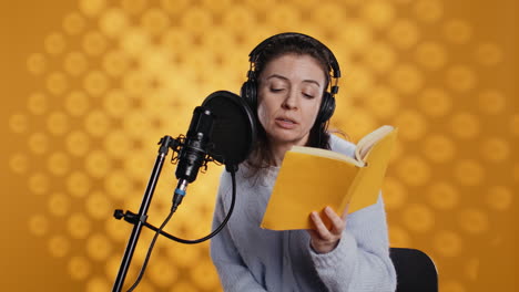 Woman-reading-book-to-record-audiobook,-leaving-studio-after-finishing