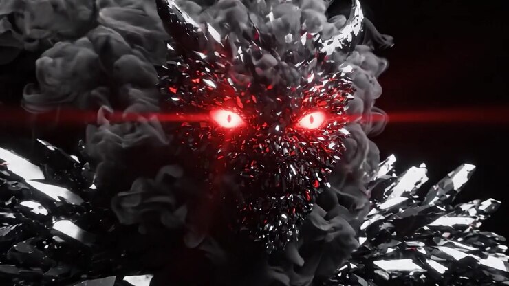 A dynamic transformation of an ominous figure, emerging from a void, embellished with jagged crystal-like features, exuding an aura of darkness and mystery while displaying glowing red eyes.