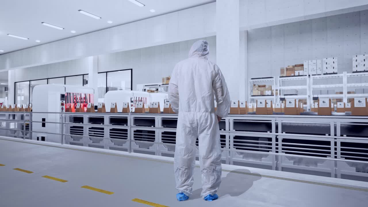 Full Body Back View Of Asian Male Scientist Having A Headache While Standing With Conveyor for Packaging Coffee Beans in Bags at Coffee Factory