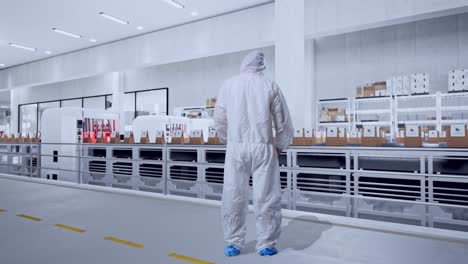 full body back view of asian male scientist having a headache while standing with conveyor for packaging coffee beans in bags at coffee factory