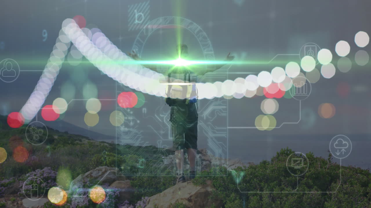 Male hiker exploring coastal trail, displaying floating tech icons showing cloud computing charts