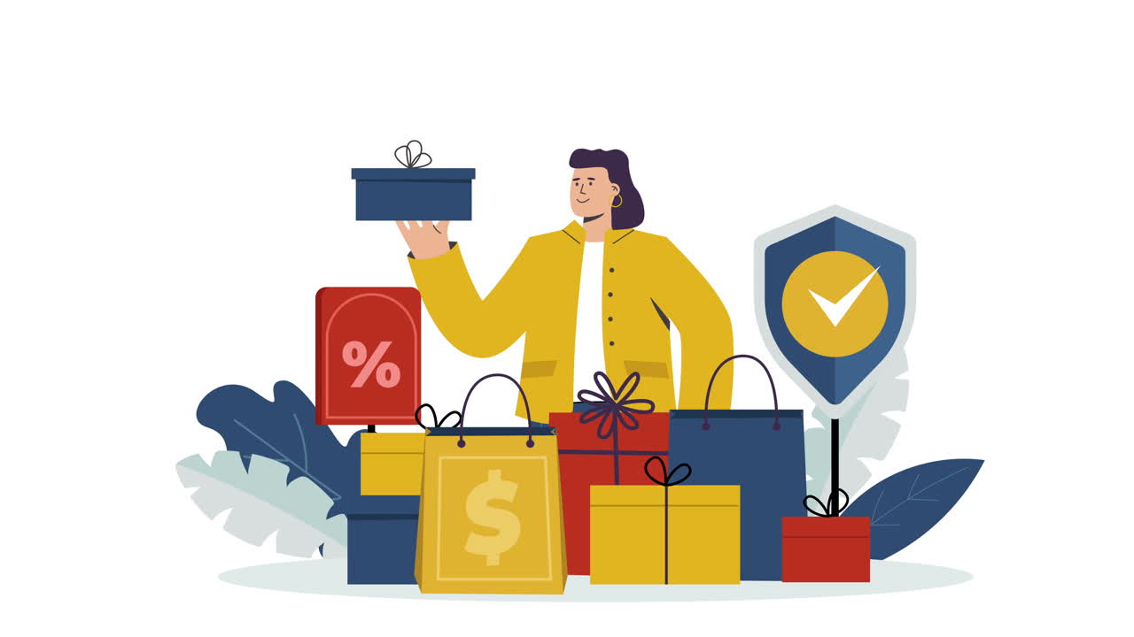 구매된 상품으로 둘러싸인 만화 여성