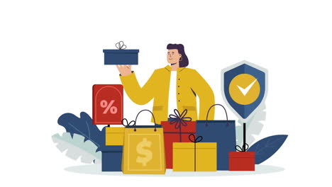 una mujer de dibujos animados rodeada de bienes comprados