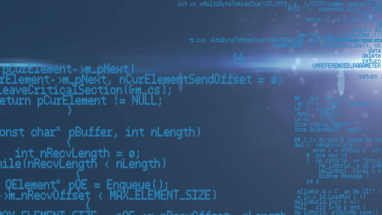 Bright cyan code snippets fluttering across blue screen, revealing lens-flare streak and bokeh dots