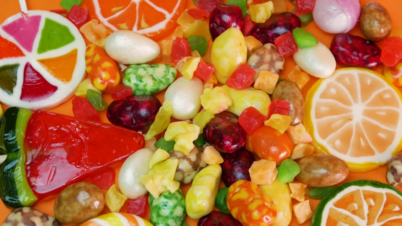 Mix of sweets spinning top view, lollipops, candied fruits, chocolate peanut sweets