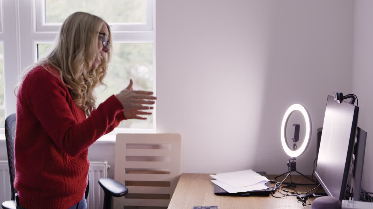 Woman recording video at desk with ring light