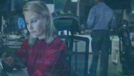 animation of data processing over caucasian businesswoman using tablet in office