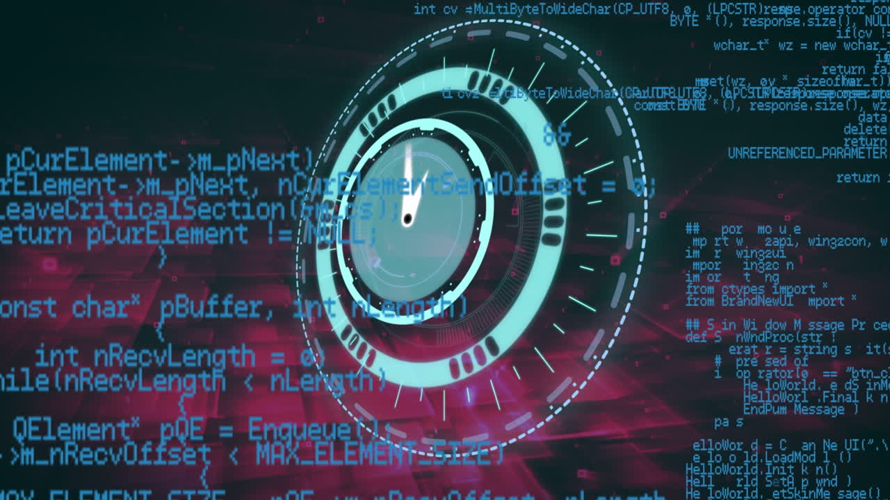 Digital clock ticking over neon round scanner against data processing on pink background