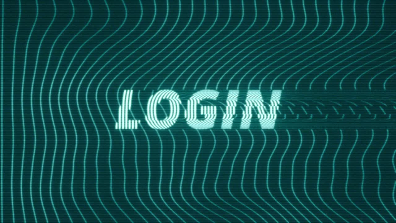 Animated cyber access concept featuring glitching Login text over a dark blue background with flowing neon wave lines and digital distortion