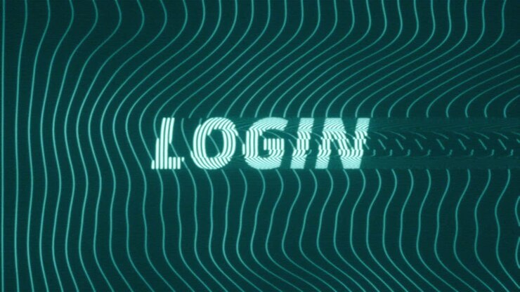 Animated cyber access concept featuring glitching Login text over a dark blue background with flowing neon wave lines and digital distortion