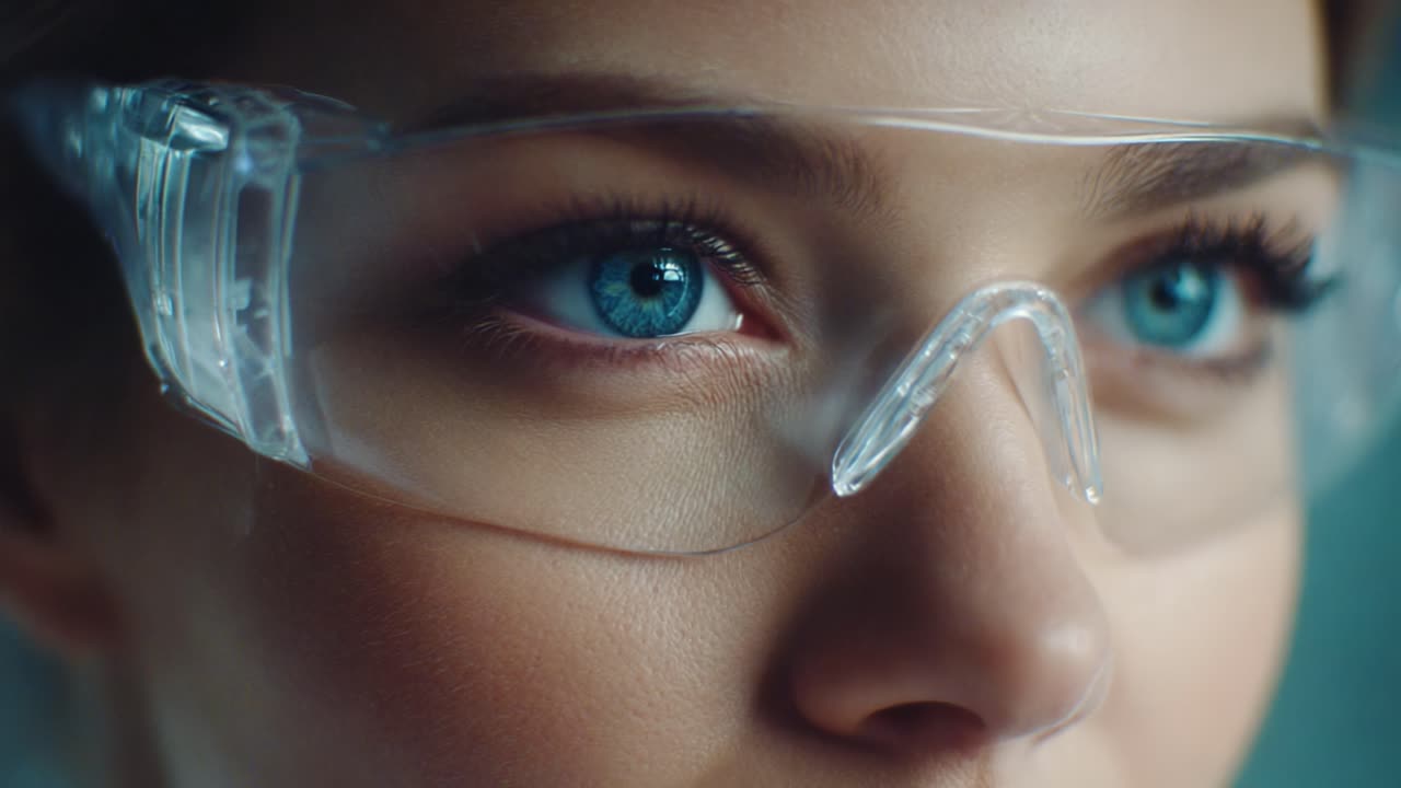 A Close-Up Perspective on a Young Woman Wearing Safety Glasses, Showcasing Her Striking Blue Eyes and Attentive Expression in a Controlled Environment